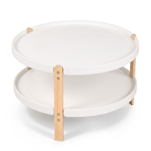 23.5" 2-Tier Round Coffee Table with Solid Wood Legs and Open Storage Shelf-White LuxuryLifeWay Online Store