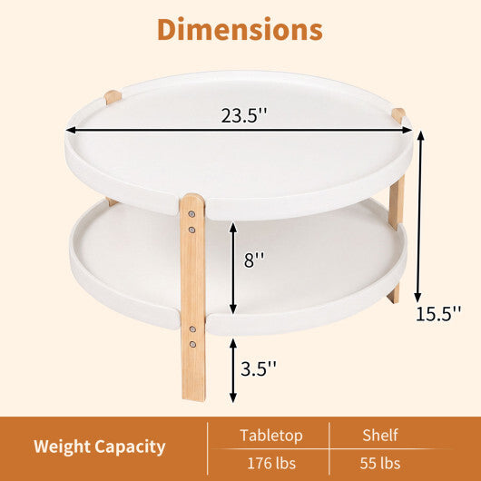 23.5" 2-Tier Round Coffee Table with Solid Wood Legs and Open Storage Shelf-White LuxuryLifeWay Online Store