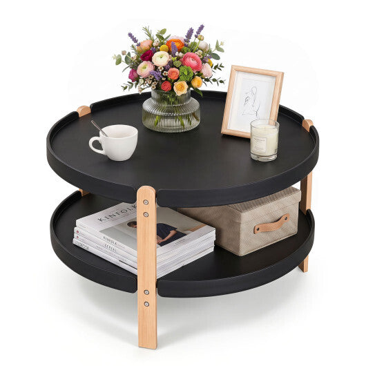 23.5" 2-Tier Round Coffee Table with Solid Wood Legs and Open Storage Shelf-White LuxuryLifeWay Online Store