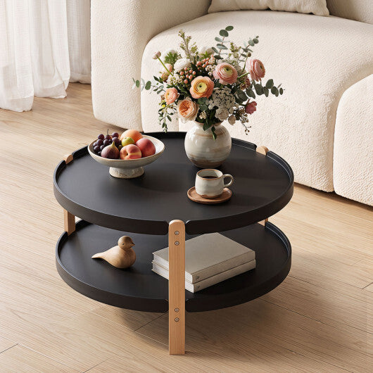 23.5" 2-Tier Round Coffee Table with Solid Wood Legs and Open Storage Shelf-White LuxuryLifeWay Online Store