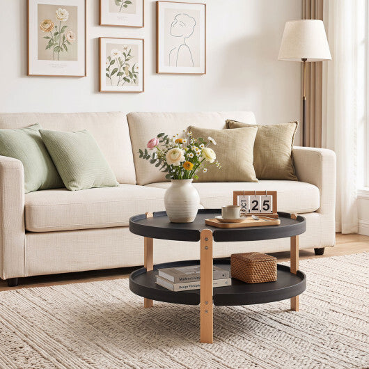23.5" 2-Tier Round Coffee Table with Solid Wood Legs and Open Storage Shelf-White LuxuryLifeWay Online Store