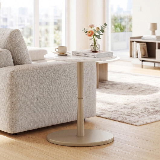Round Marble Side Table with Stone Finish and Wooden Base for Small Spaces-White and Gold LuxuryLifeWay Online Store