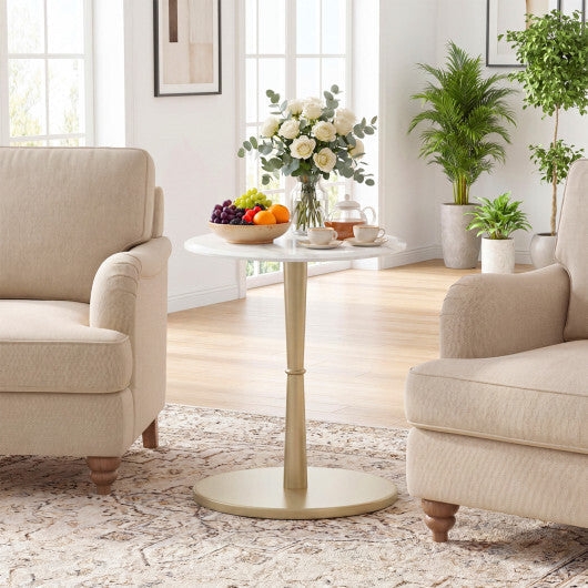 Round Marble Side Table with Stone Finish and Wooden Base for Small Spaces-White and Gold LuxuryLifeWay Online Store