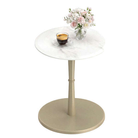 Round Marble Side Table with Stone Finish and Wooden Base for Small Spaces-White and Gold LuxuryLifeWay Online Store