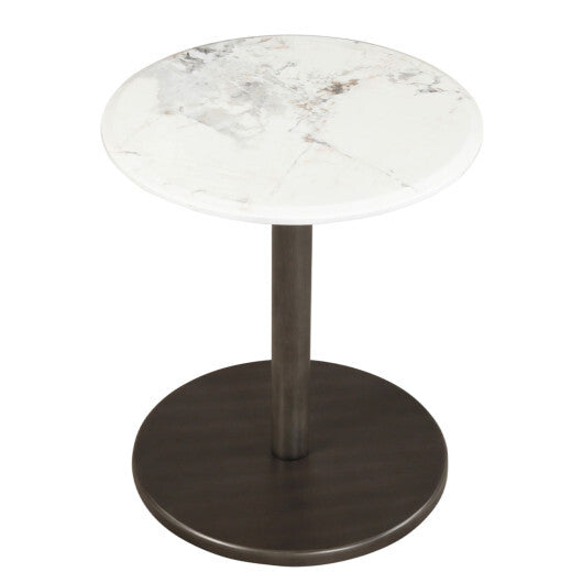 Round Marble Side Table Pedestal End Table with Stone Finish and Wooden-Black & White LuxuryLifeWay Online Store
