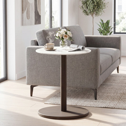 Round Marble Side Table Pedestal End Table with Stone Finish and Wooden-Black & White LuxuryLifeWay Online Store