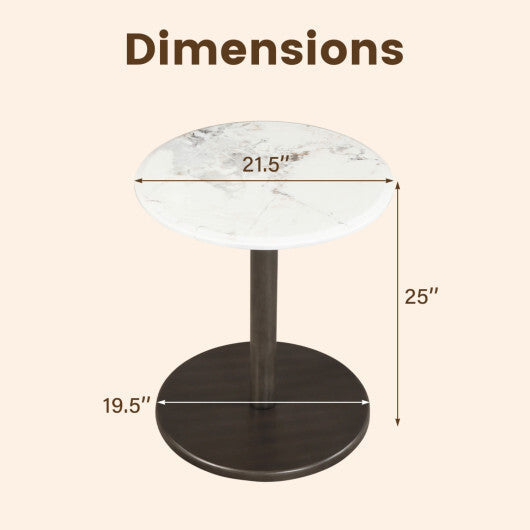 Round Marble Side Table Pedestal End Table with Stone Finish and Wooden-Black & White LuxuryLifeWay Online Store
