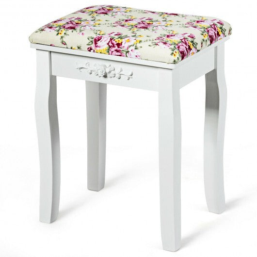 Vanity Wood Dressing Stool Padded Piano Seat with Rose Cushion-White LuxuryLifeWay Online Store