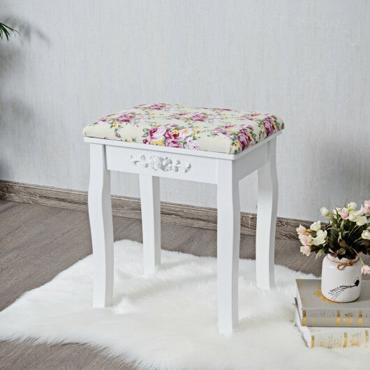Vanity Wood Dressing Stool Padded Piano Seat with Rose Cushion-White LuxuryLifeWay Online Store