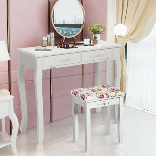 Vanity Wood Dressing Stool Padded Piano Seat with Rose Cushion-White LuxuryLifeWay Online Store