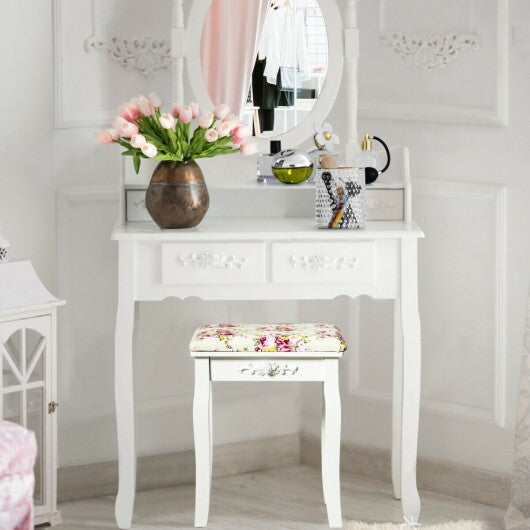 Vanity Wood Dressing Stool Padded Piano Seat with Rose Cushion-White LuxuryLifeWay Online Store