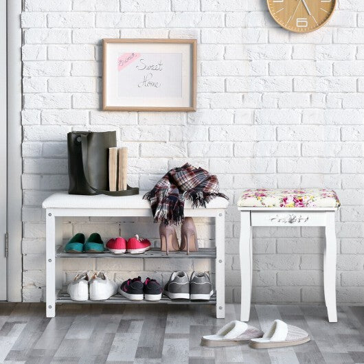 Vanity Wood Dressing Stool Padded Piano Seat with Rose Cushion-White LuxuryLifeWay Online Store