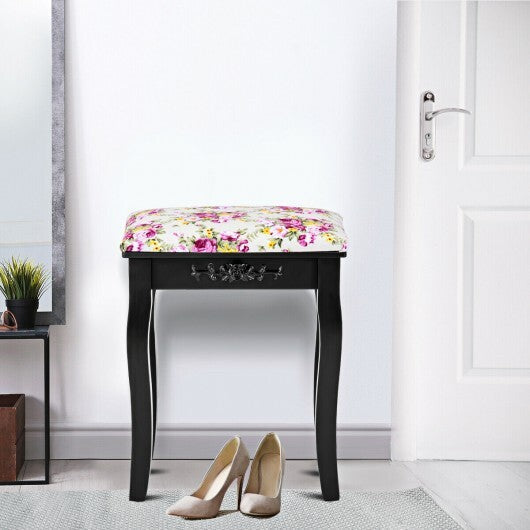 Vanity Wood Dressing Stool Padded Piano Seat with Rose Cushion-White LuxuryLifeWay Online Store
