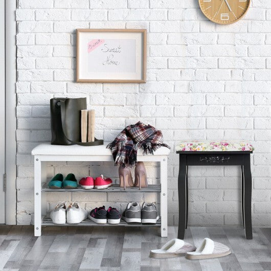 Vanity Wood Dressing Stool Padded Piano Seat with Rose Cushion-White LuxuryLifeWay Online Store