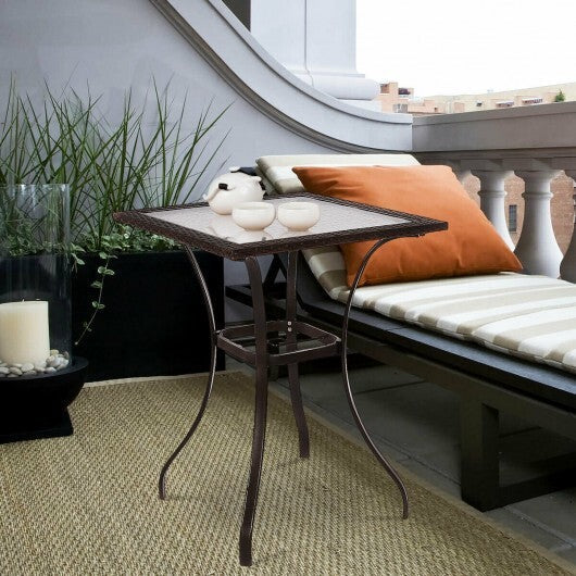 28.5 Inch Outdoor Patio Square Glass Top Table with Rattan Edging LuxuryLifeWay Online Store