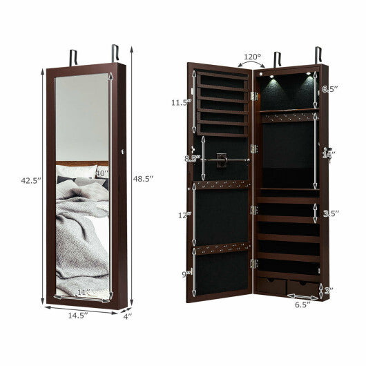 Lockable Wall Mount Mirrored Jewelry Cabinet with LED Lights-White LuxuryLifeWay Online Store