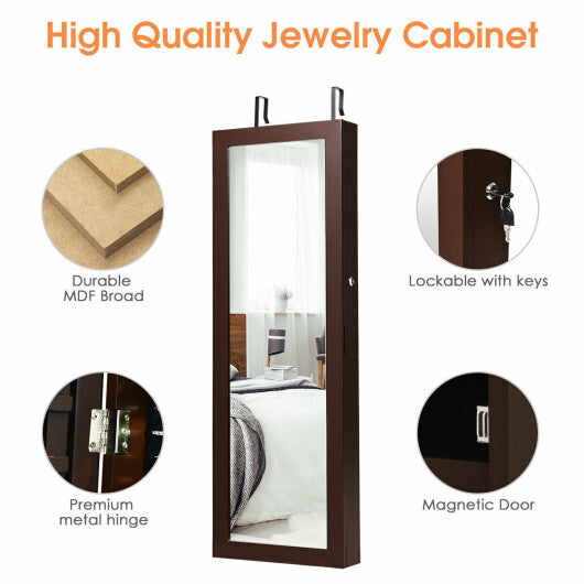 Lockable Wall Mount Mirrored Jewelry Cabinet with LED Lights-White LuxuryLifeWay Online Store