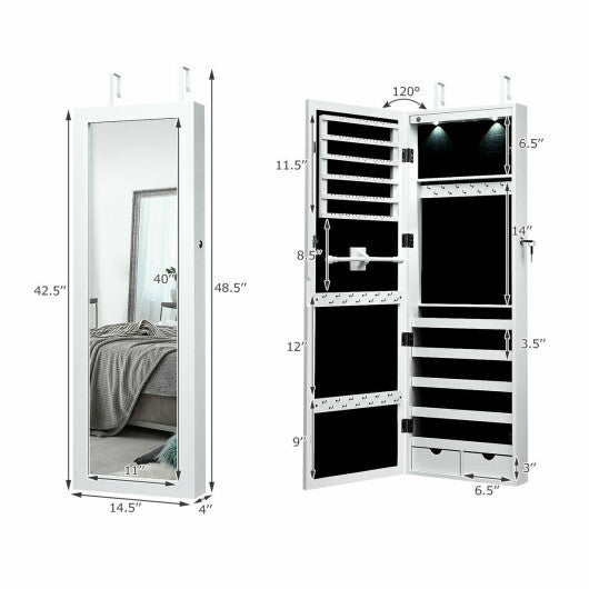 Lockable Wall Mount Mirrored Jewelry Cabinet with LED Lights-White LuxuryLifeWay Online Store