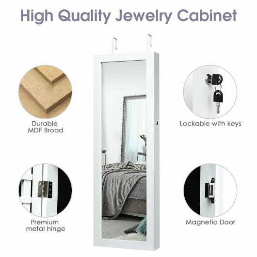 Lockable Wall Mount Mirrored Jewelry Cabinet with LED Lights-White LuxuryLifeWay Online Store