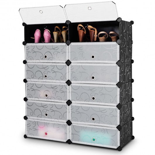 12-Cube DIY Portable Plastic Shoe Rack with Transparent Doors-Black - Color: Black LuxuryLifeWay Online Store