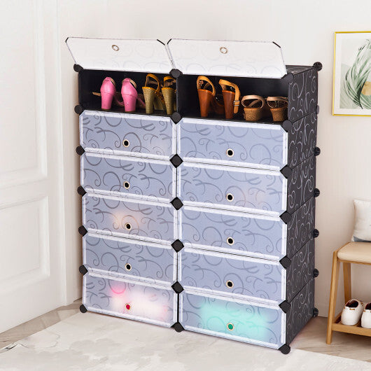 12-Cube DIY Portable Plastic Shoe Rack with Transparent Doors-Black LuxuryLifeWay Online Store