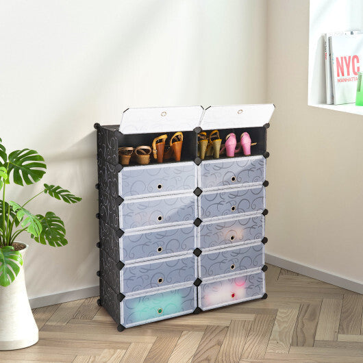 12-Cube DIY Portable Plastic Shoe Rack with Transparent Doors-Black LuxuryLifeWay Online Store