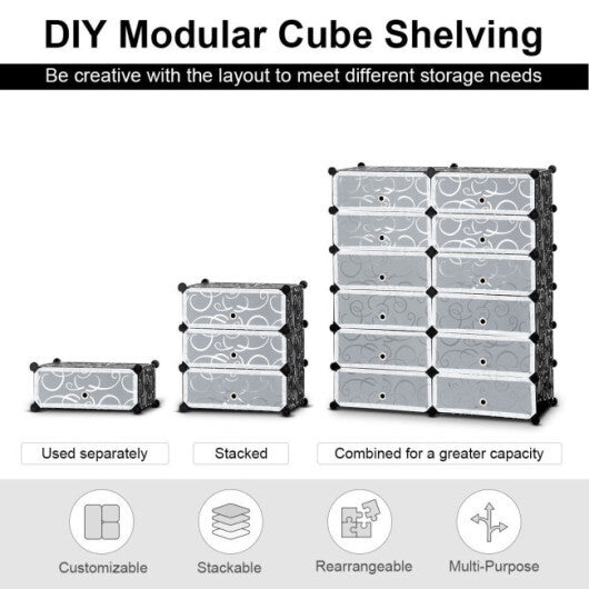 12-Cube DIY Portable Plastic Shoe Rack with Transparent Doors-Black LuxuryLifeWay Online Store