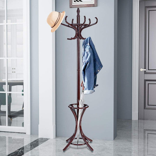 Wood Standing Hat Coat Rack with Umbrella Stand-Brown LuxuryLifeWay Online Store