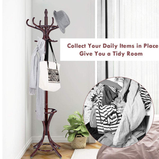 Wood Standing Hat Coat Rack with Umbrella Stand-Brown LuxuryLifeWay Online Store