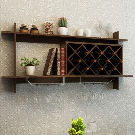 Wall Mount Wine Rack with Glass Holder & Storage Shelf-Walnut - Color: Walnut LuxuryLifeWay Online Store
