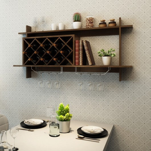 Wall Mount Wine Rack with Glass Holder & Storage Shelf-Walnut - Color: Walnut LuxuryLifeWay Online Store