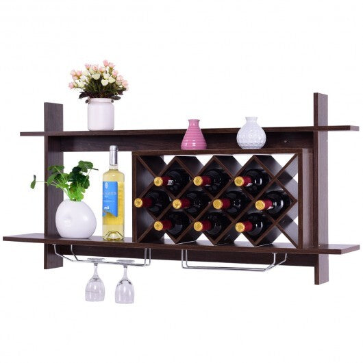 Wall Mount Wine Rack with Glass Holder & Storage Shelf-Walnut - Color: Walnut LuxuryLifeWay Online Store