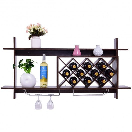 Wall Mount Wine Rack with Glass Holder & Storage Shelf-Walnut - Color: Walnut LuxuryLifeWay Online Store