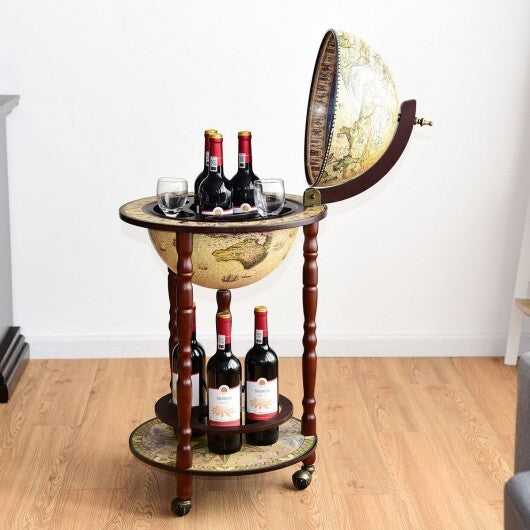 17 Inch Italian Style Design Wooden Globe Liquor Bottle Wine Rack with Wheels