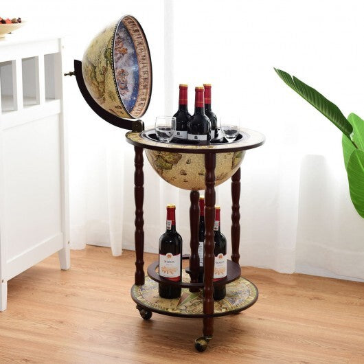 17 Inch Italian Style Design Wooden Globe Liquor Bottle Wine Rack with Wheels