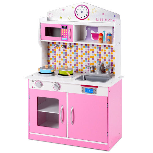 Kids Wooden Pretend Cooking Playset Cookware Play Set Kitchen Toys Toddler Gift-Pink LuxuryLifeWay Online Store