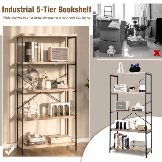 5-Tier Industrial Bookshelf Display Storage Rack with Metal Frame-Gray - Color: Gray LuxuryLifeWay Online Store