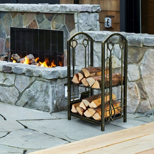 Fireplace Log Rack with 4 Tools Set Fireside Firewood Holder LuxuryLifeWay Online Store