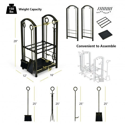 Fireplace Log Rack with 4 Tools Set Fireside Firewood Holder LuxuryLifeWay Online Store