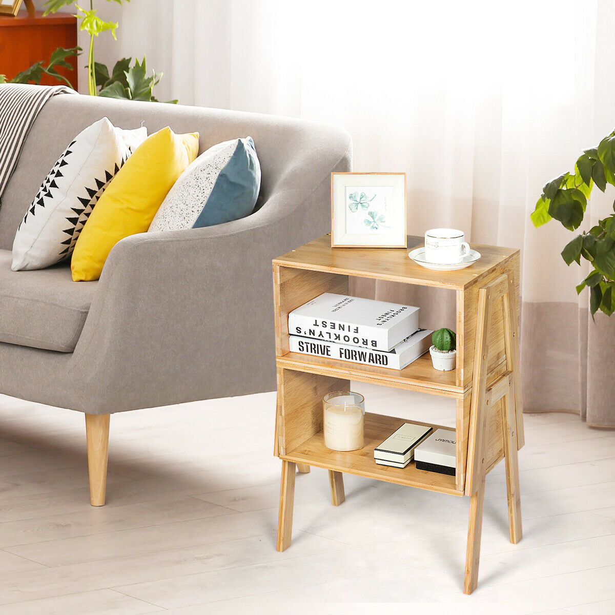2 Pieces Bamboo Nightstand Sofa Table with Storage Shelf - Color: Natural LuxuryLifeWay Online Store