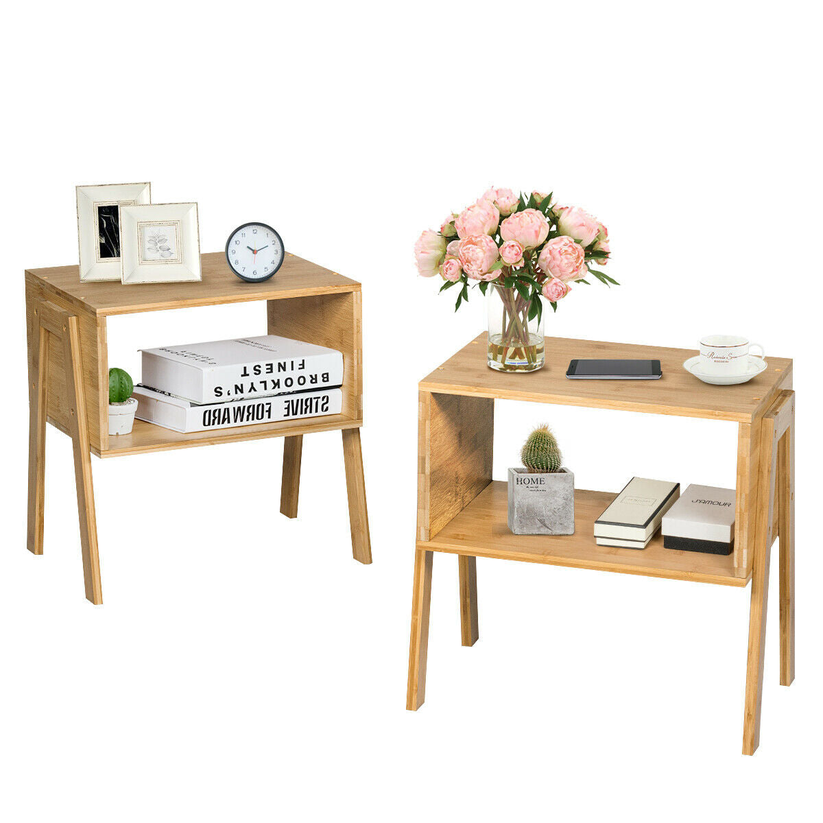 2 Pieces Bamboo Nightstand Sofa Table with Storage Shelf - Color: Natural LuxuryLifeWay Online Store