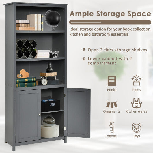 Bookcase Shelving Storage Wooden Cabinet Unit Standing Display Bookcase with Doors-Gray LuxuryLifeWay Online Store