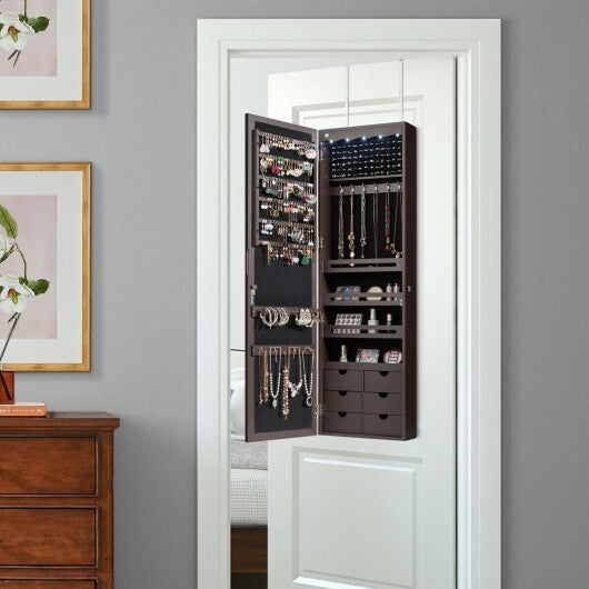 5 LEDs Lockable Mirror Jewelry Cabinet Armoire with 6 Drawers-Brown LuxuryLifeWay Online Store