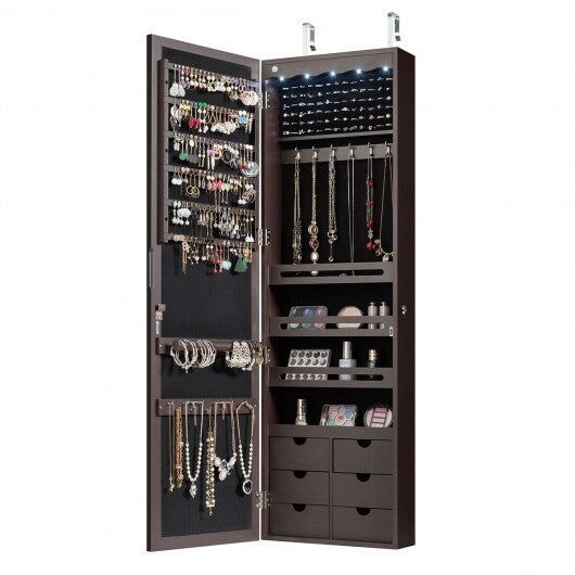 5 LEDs Lockable Mirror Jewelry Cabinet Armoire with 6 Drawers-Brown LuxuryLifeWay Online Store