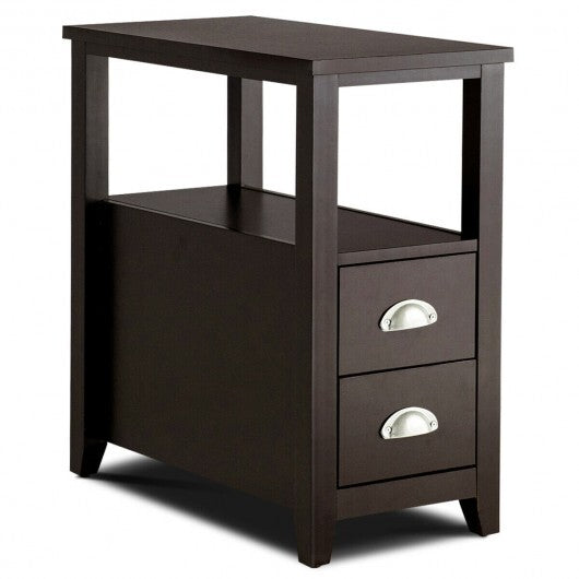 End Table Wooden with 2 Drawers and Shelf Bedside Table-Brown