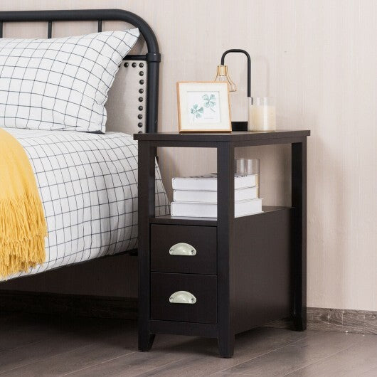 End Table Wooden with 2 Drawers and Shelf Bedside Table-Brown