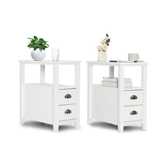 Set of 2 End Table Wooden with 2 Drawer & Shelf Bedside Table-Brown