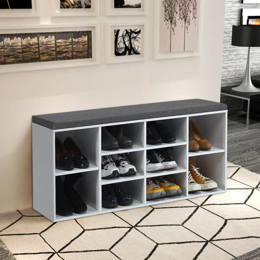 10-Cube Organizer Shoe Storage Bench with Cushion for Entryway-White LuxuryLifeWay Online Store