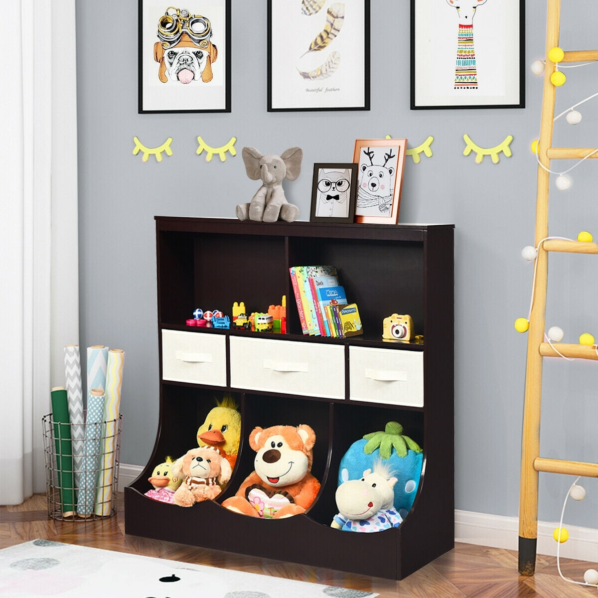 Freestanding Combo Cubby Bin Storage Organizer Unit W/3 Baskets-Brown - Color: Brown LuxuryLifeWay Online Store