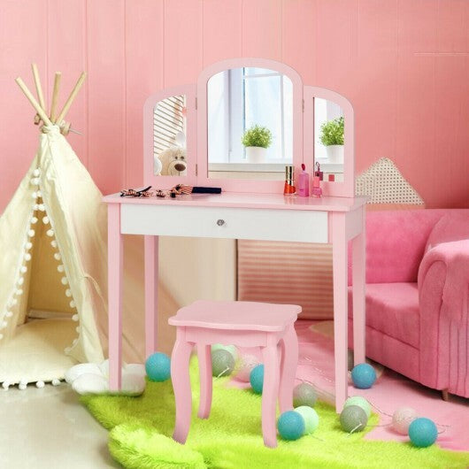Kids Princess Make Up Dressing Table with Tri-folding Mirror and Chair-Pink LuxuryLifeWay Online Store